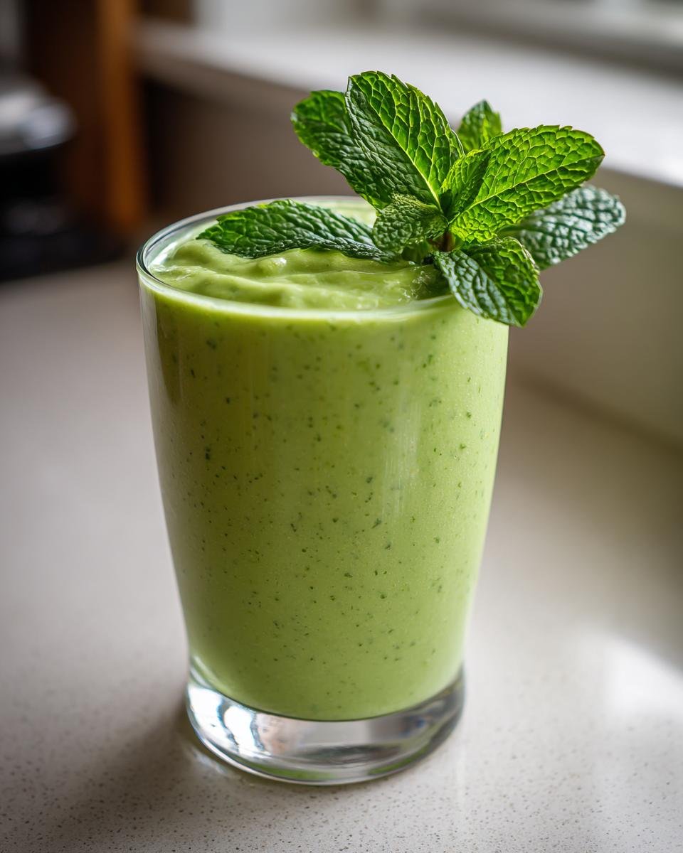 A vibrant green Mango Pineapple Matcha Mocktail garnished with fresh mint leaves.