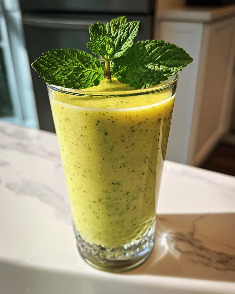 A tall glass filled with a vibrant green Mango Pineapple Matcha Mocktail, garnished with fresh mint leaves.