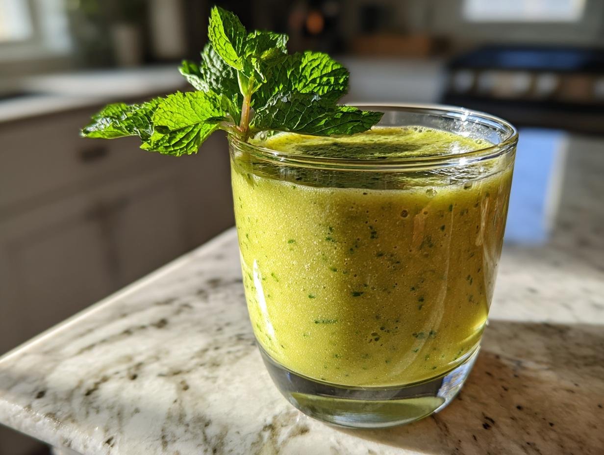 A vibrant green Mango Pineapple Matcha Mocktail in a glass, garnished with fresh mint leaves.