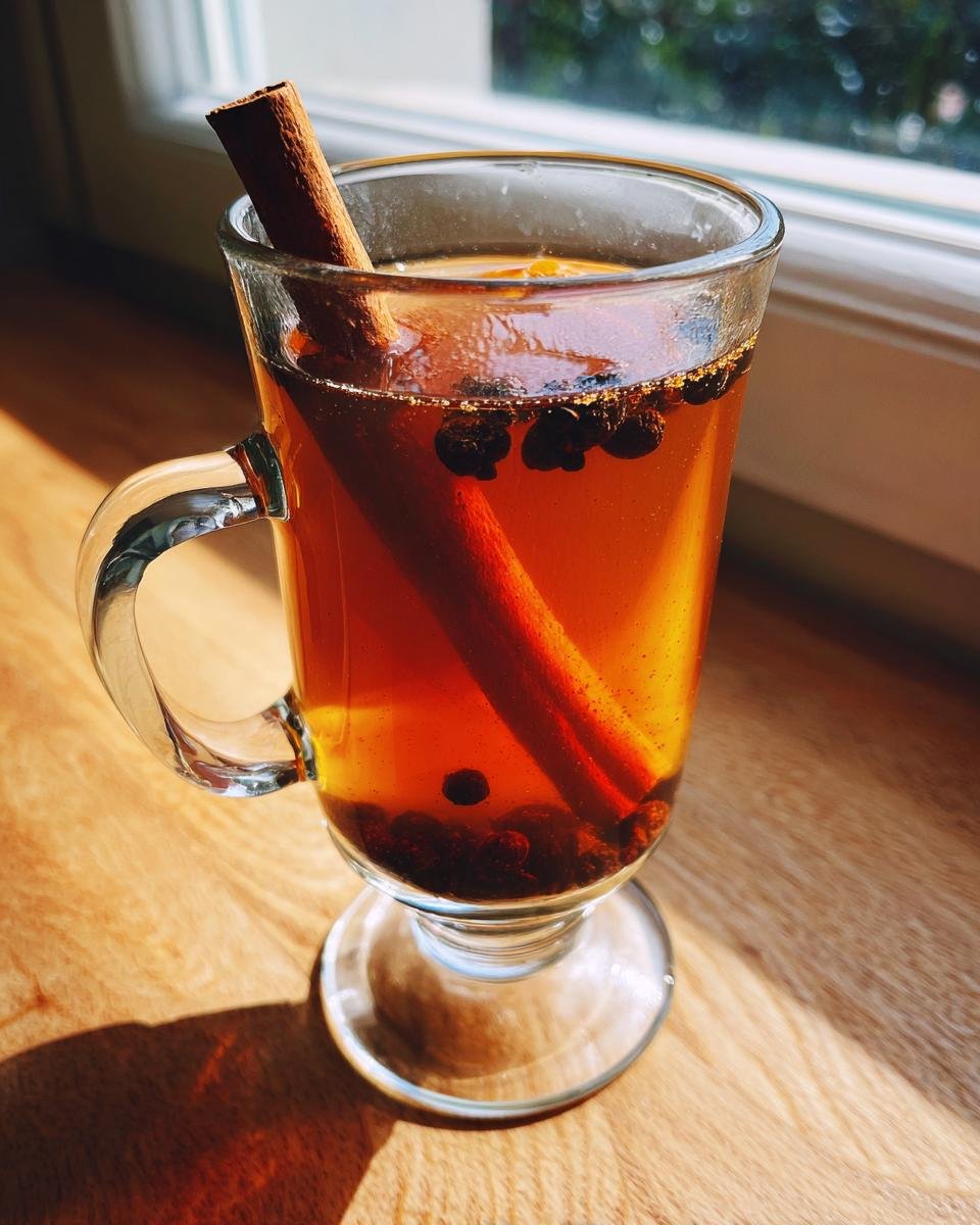 A warm Maple Chai Hot Toddy Mocktail garnished with a cinnamon stick and cloves in a clear glass mug.