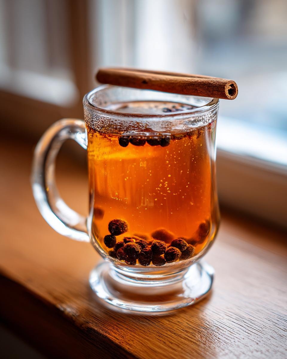 A warm Maple Chai Hot Toddy Mocktail in a clear glass mug garnished with a cinnamon stick and dried berries.