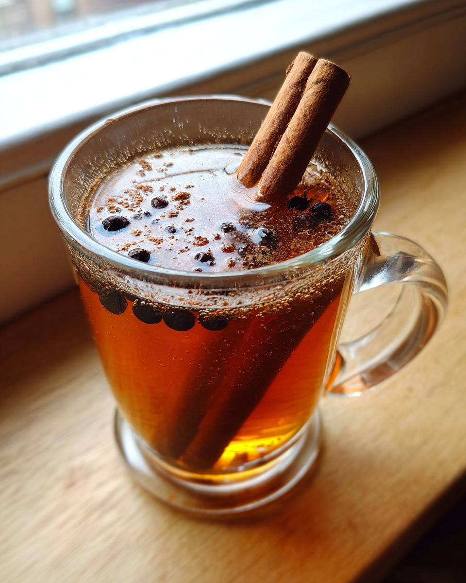Close-up of a warm Maple Chai Hot Toddy Mocktail garnished with two cinnamon sticks and dark spices.