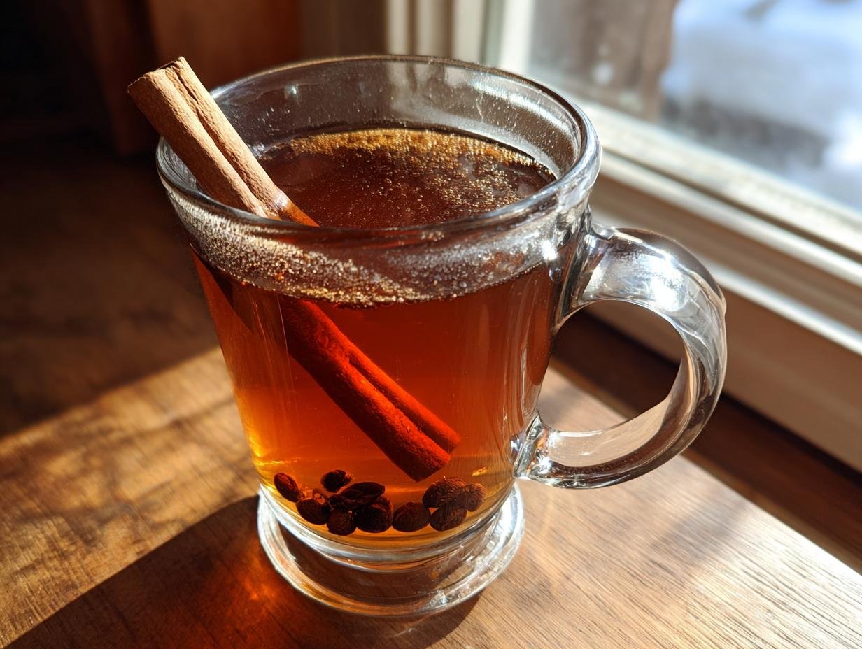 A warm Maple Chai Hot Toddy Mocktail garnished with cinnamon sticks and spices in a clear mug.