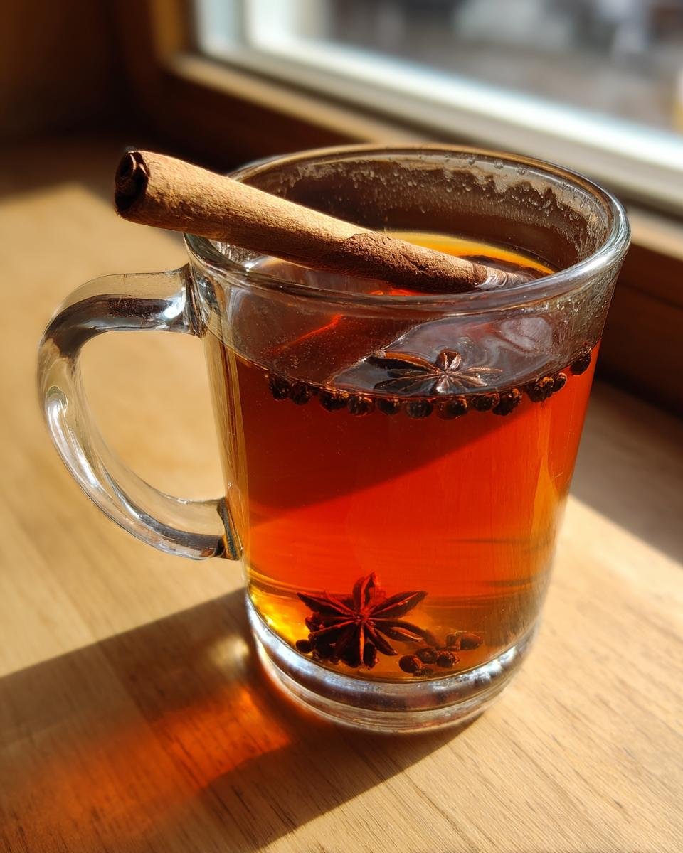 A clear glass mug filled with a warm Maple Chai Hot Toddy Mocktail, garnished with a cinnamon stick, star anise, and cloves.