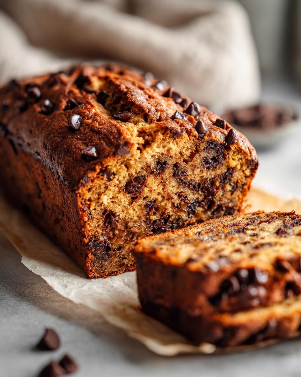 Close-up of a freshly baked Maple Chocolate Chip Banana Bread loaf, with a slice cut and showing rich chocolate chips.