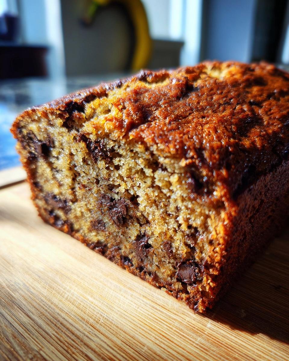 A close-up of a slice of moist Maple Chocolate Chip Banana Bread on a wooden cutting board.
