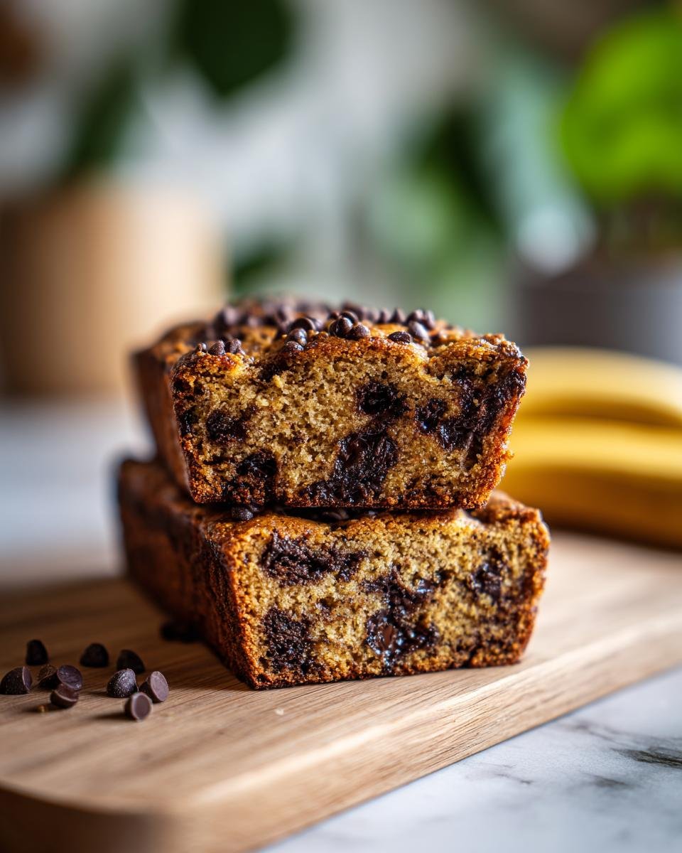 Two slices of moist Maple Chocolate Chip Banana Bread stacked on a wooden board, showcasing rich chocolate chips.
