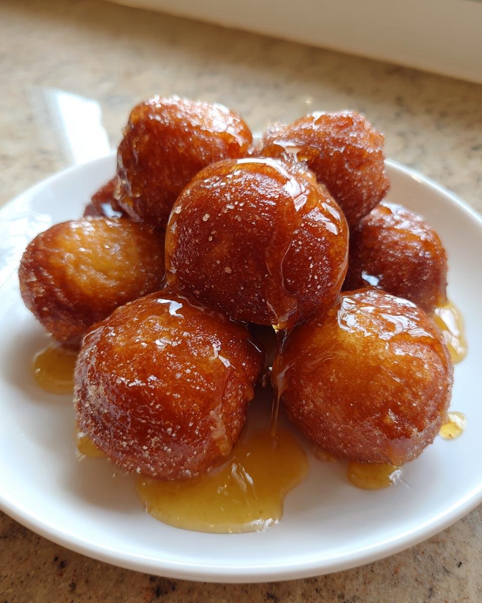 A close-up of several golden brown Maple Glazed Donut Holes piled high on a white plate, dripping with shiny maple syrup.
