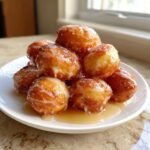 A stack of golden brown Maple Glazed Donut Holes drizzled with white icing and sitting in extra maple glaze.