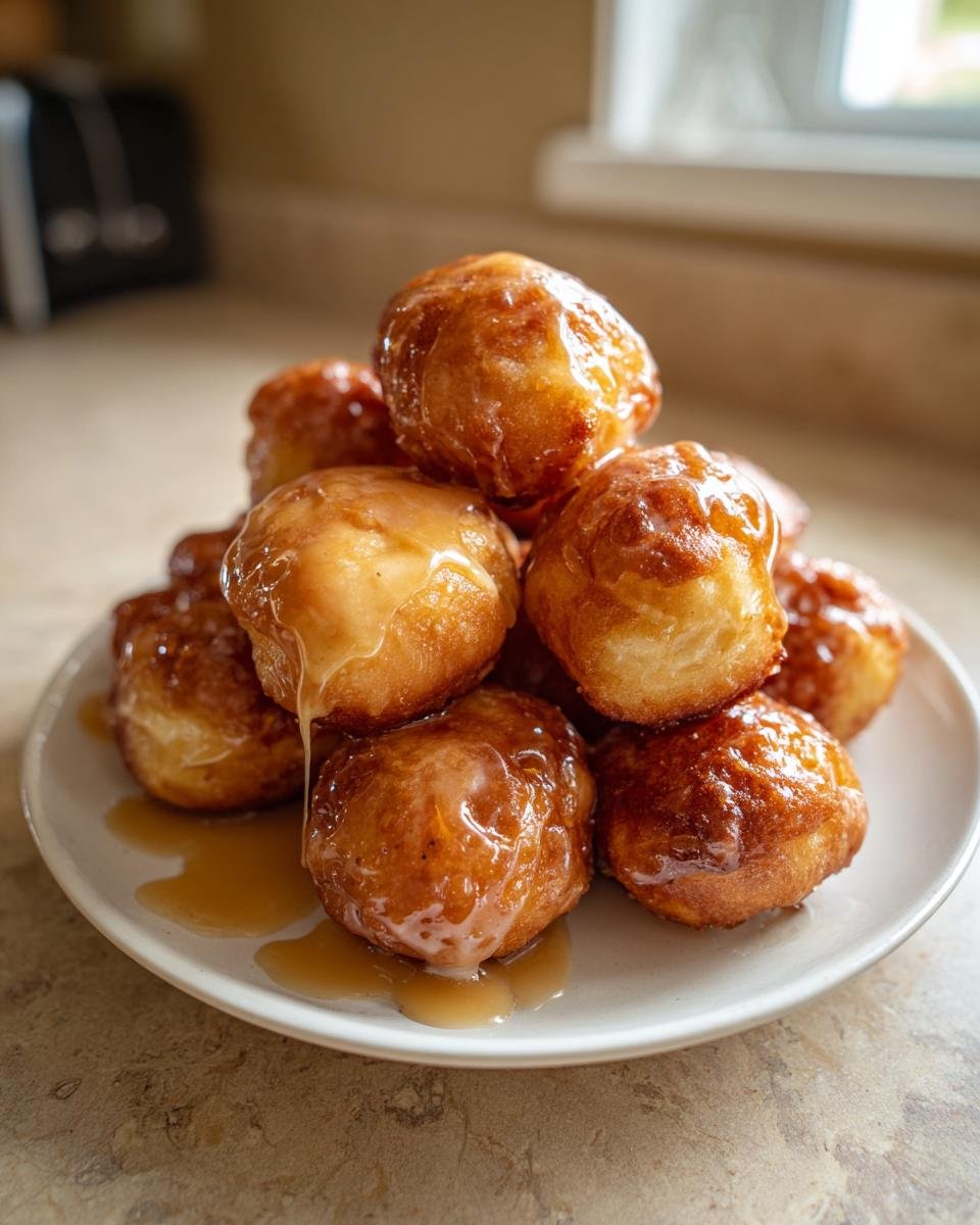 A stack of golden brown Maple Glazed Donut Holes piled high on a white plate, dripping with shiny glaze.