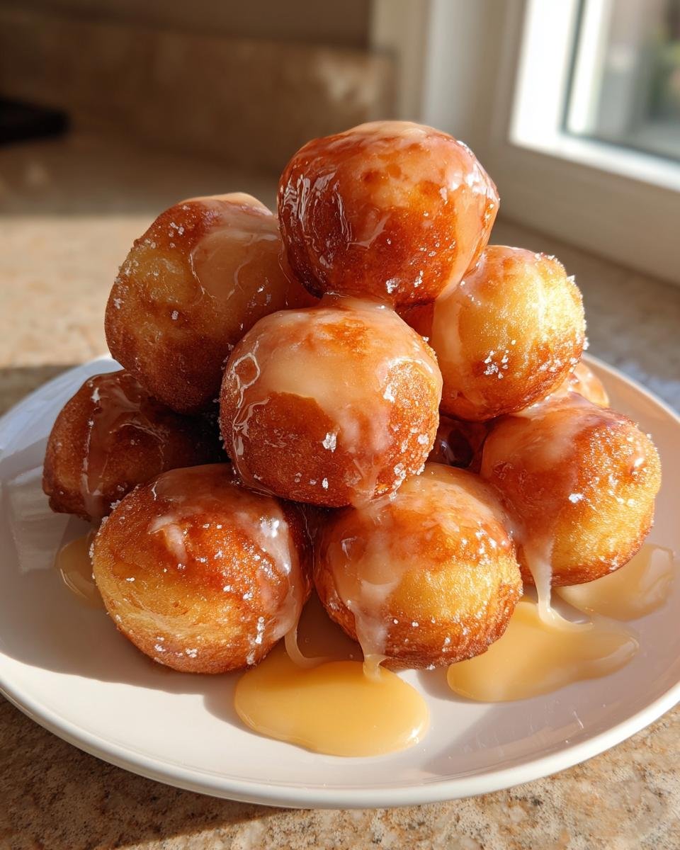 A tempting stack of golden brown Maple Glazed Donut Holes drizzled with thick, shiny maple icing on a white plate.
