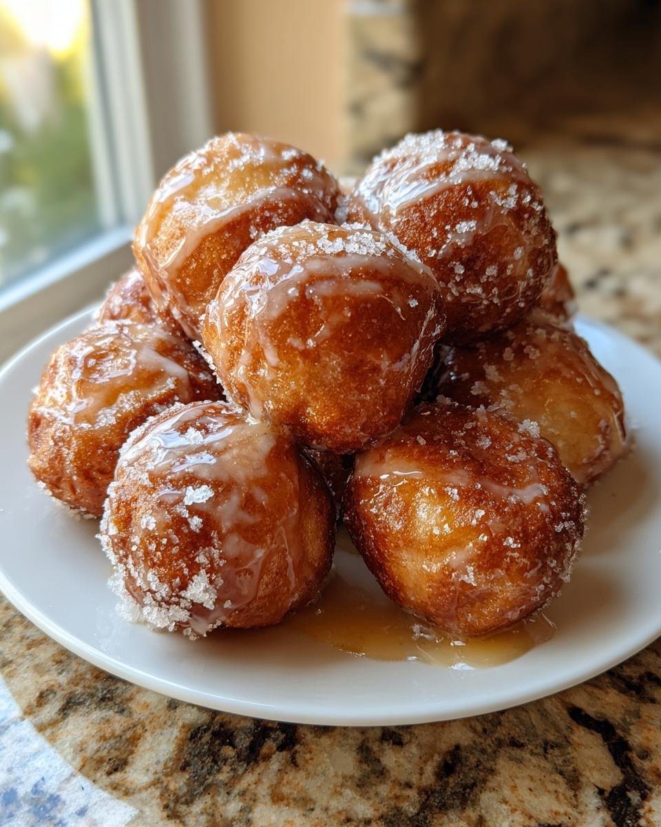 A close-up stack of golden brown Maple Glazed Donut Holes drizzled with icing and sprinkled with coarse sugar.
