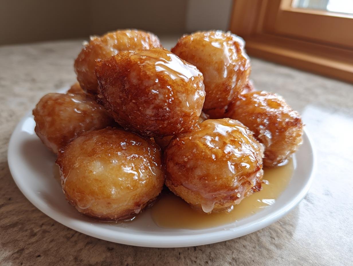 A stack of freshly fried Maple Glazed Donut Holes glistening with sweet syrup on a small white plate.