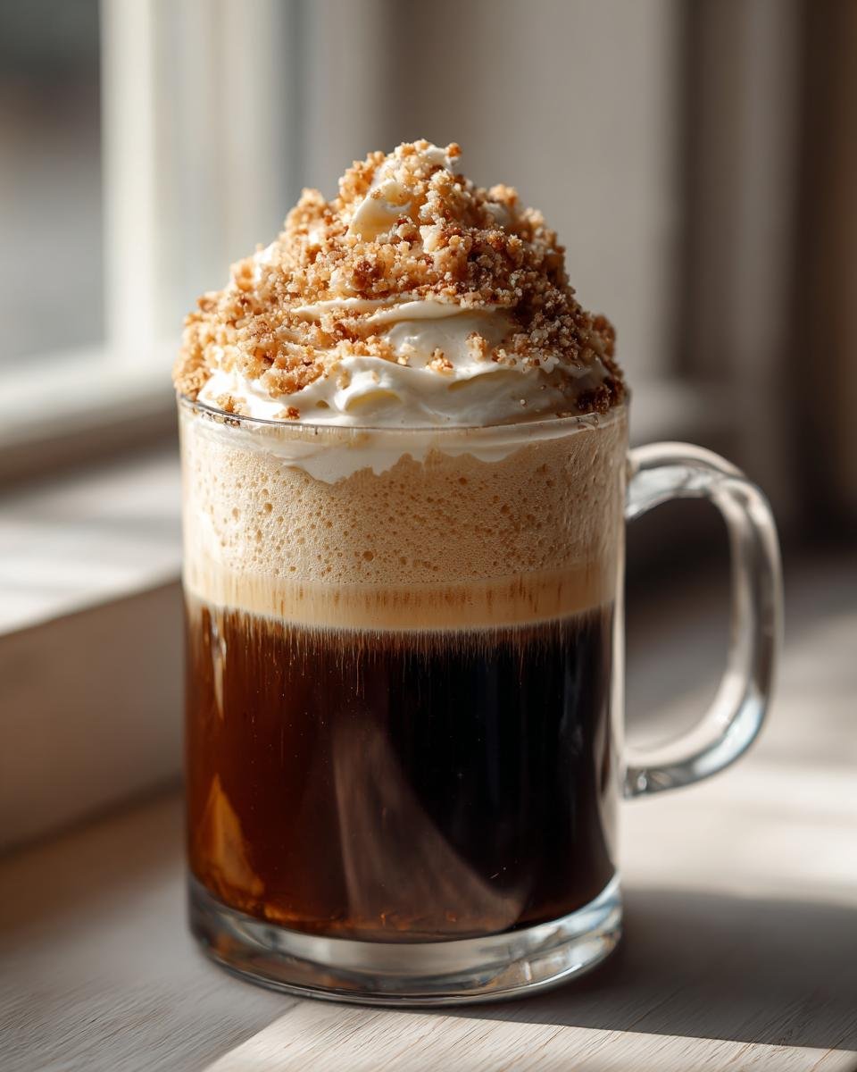 A tall glass mug filled with a layered Maple Pecan Sticky Bun Latte, topped with whipped cream and crunchy pecan crumble.