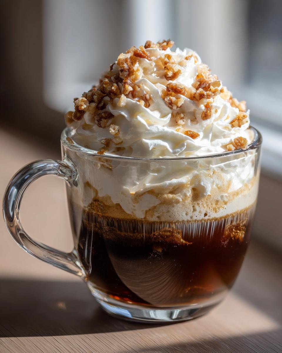 A glass mug filled with a dark Maple Pecan Sticky Bun Latte, topped high with whipped cream and candied pecans.