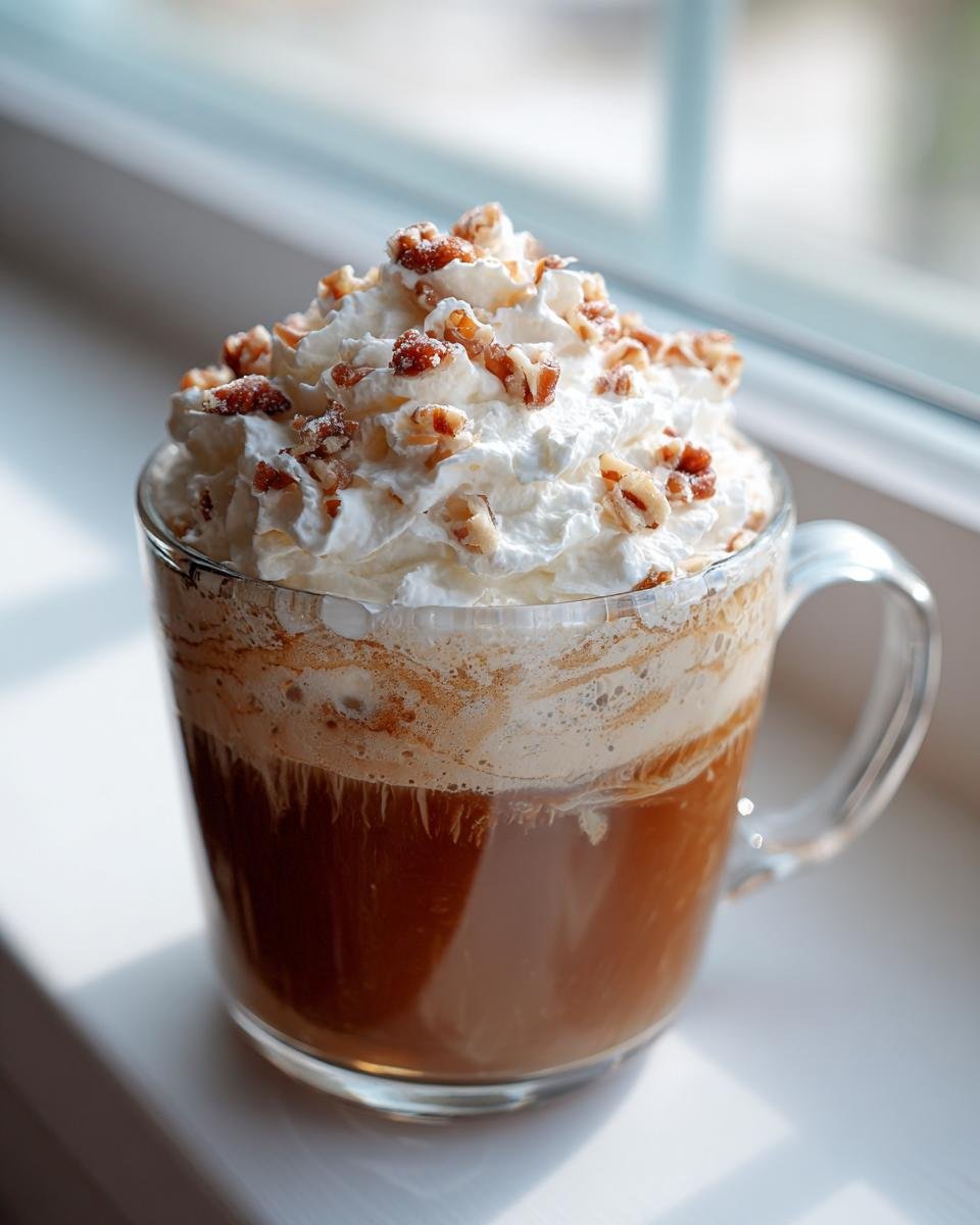 A clear glass mug filled with a Maple Pecan Sticky Bun Latte, topped high with whipped cream and chopped pecans.