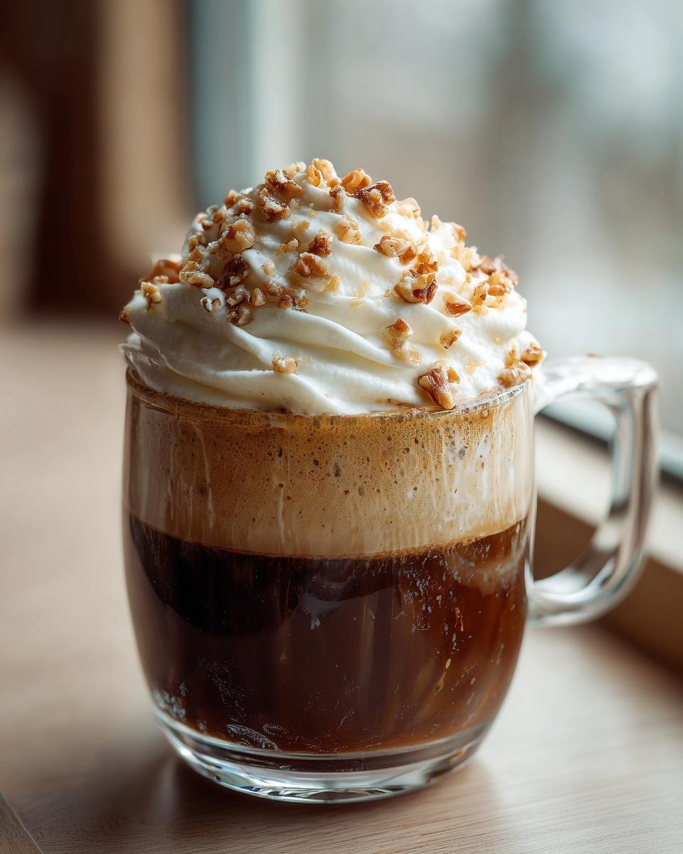Close-up of a Maple Pecan Sticky Bun Latte in a glass mug, topped high with whipped cream and chopped pecans.