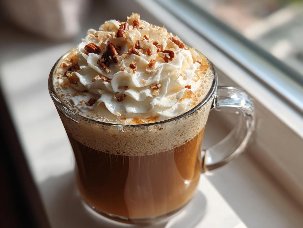 A glass mug filled with a Maple Pecan Sticky Bun Latte, topped high with whipped cream and chopped pecans.