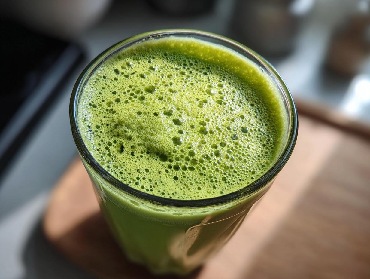 A close-up of a glass filled with a vibrant green Matcha Pineapple Green Smoothie, topped with a frothy layer.