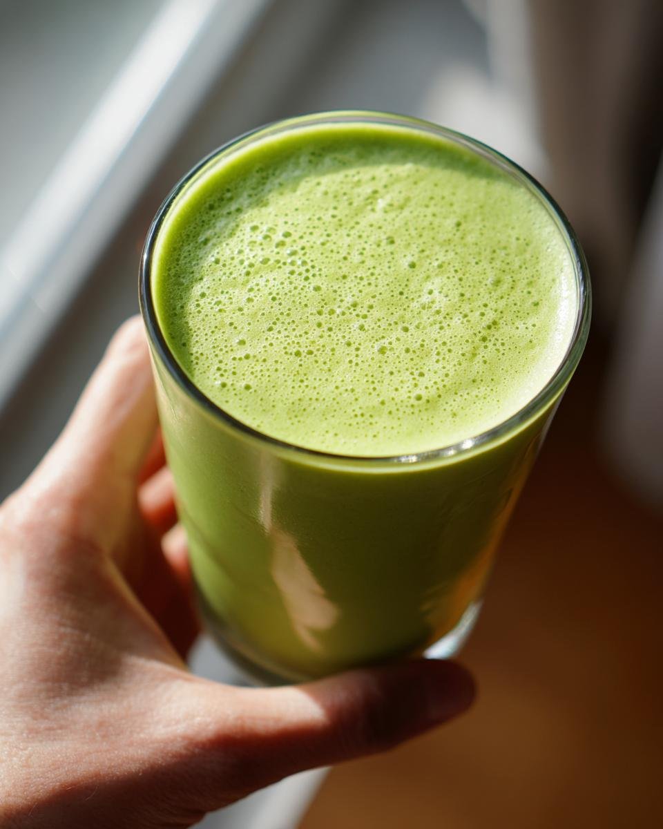 A hand holding a glass of vibrant green Matcha Pineapple Green Smoothie with a frothy top.