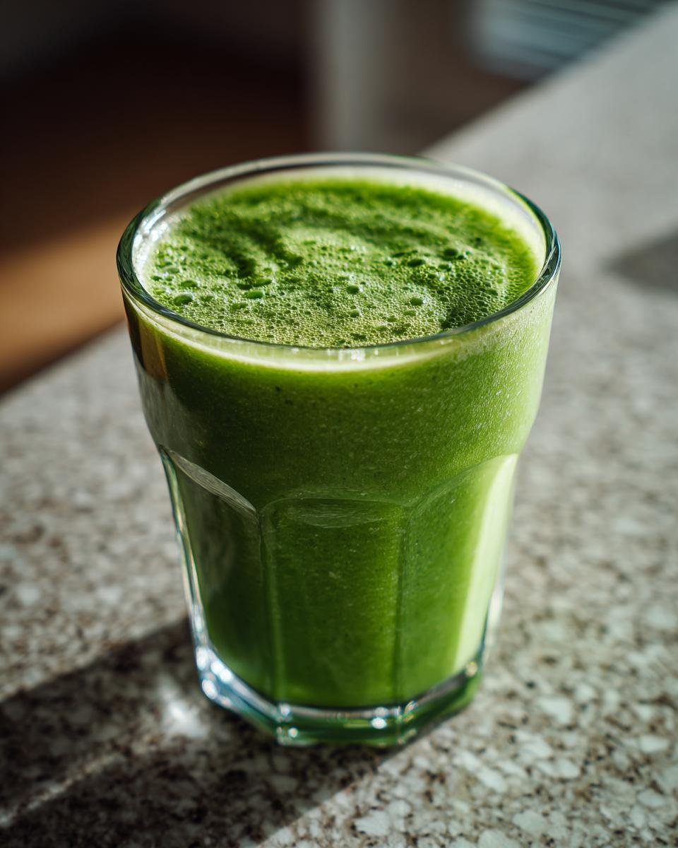 A vibrant green Matcha Pineapple Green Smoothie in a glass, with a foamy top.