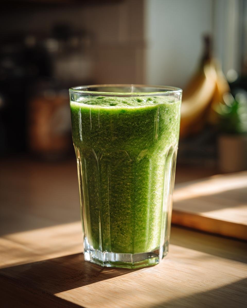 A vibrant green Matcha Pineapple Green Smoothie in a clear glass, ready to be enjoyed.