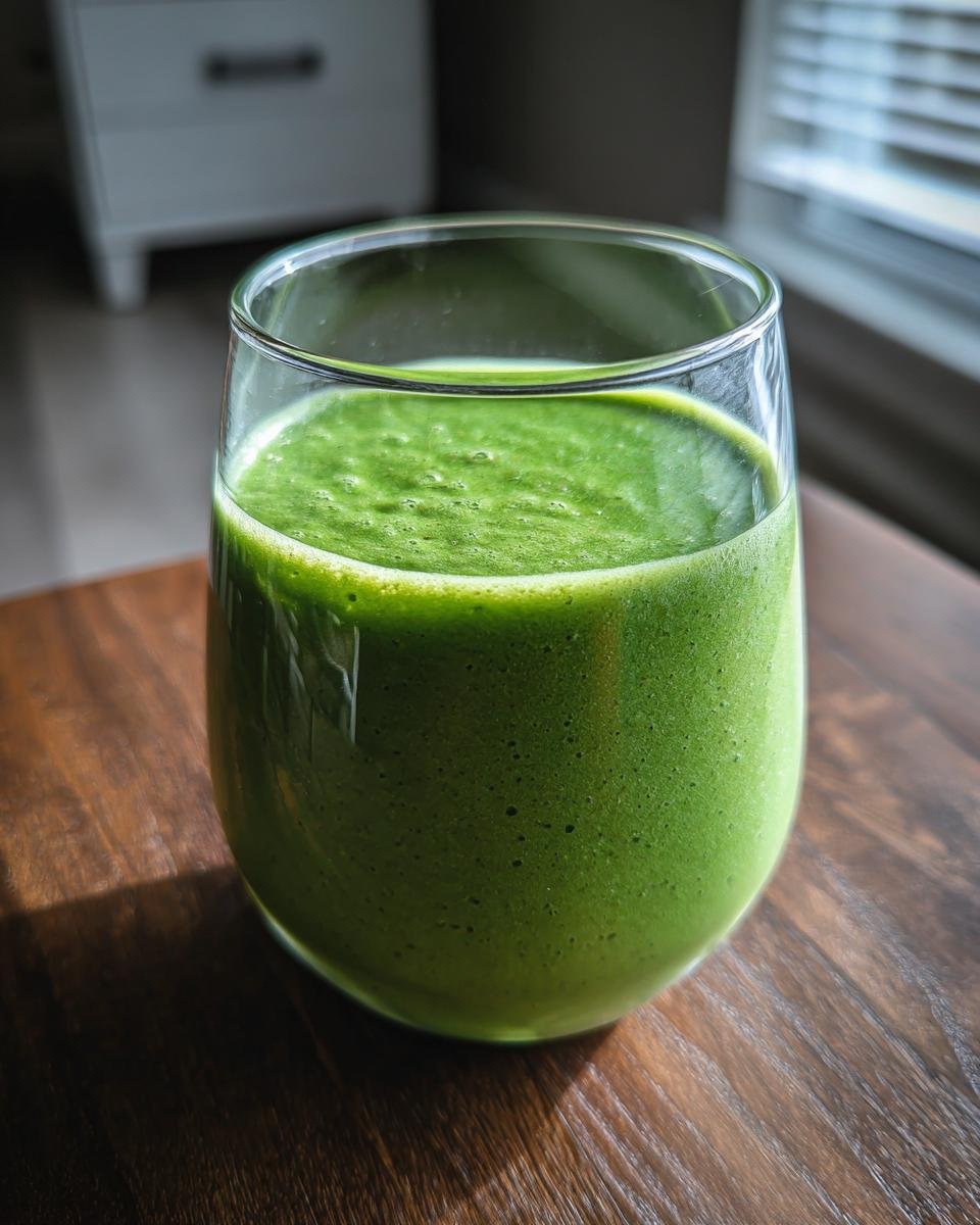 A vibrant green Matcha Pineapple Green Smoothie fills a clear glass, with a foamy top, on a wooden table.