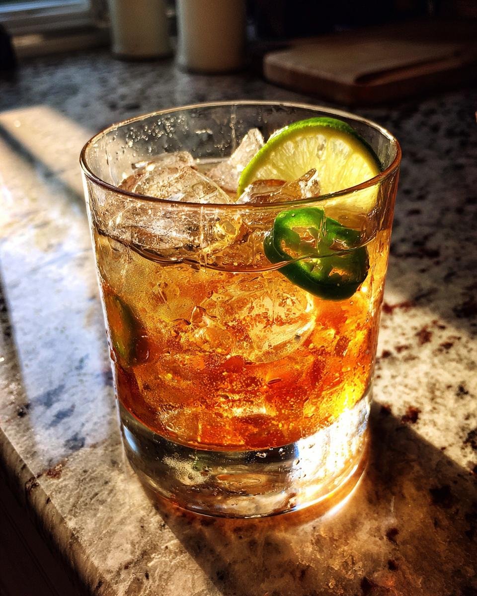 A refreshing Mezcal cocktail with ice, lime wedge, and jalapeno slices, perfect for spicy Mezcal cocktail recipes.