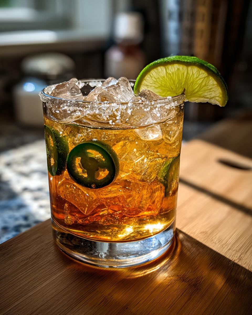 A refreshing Mezcal cocktail with jalapeno slices, lime wedge, ice, and a salt rim.