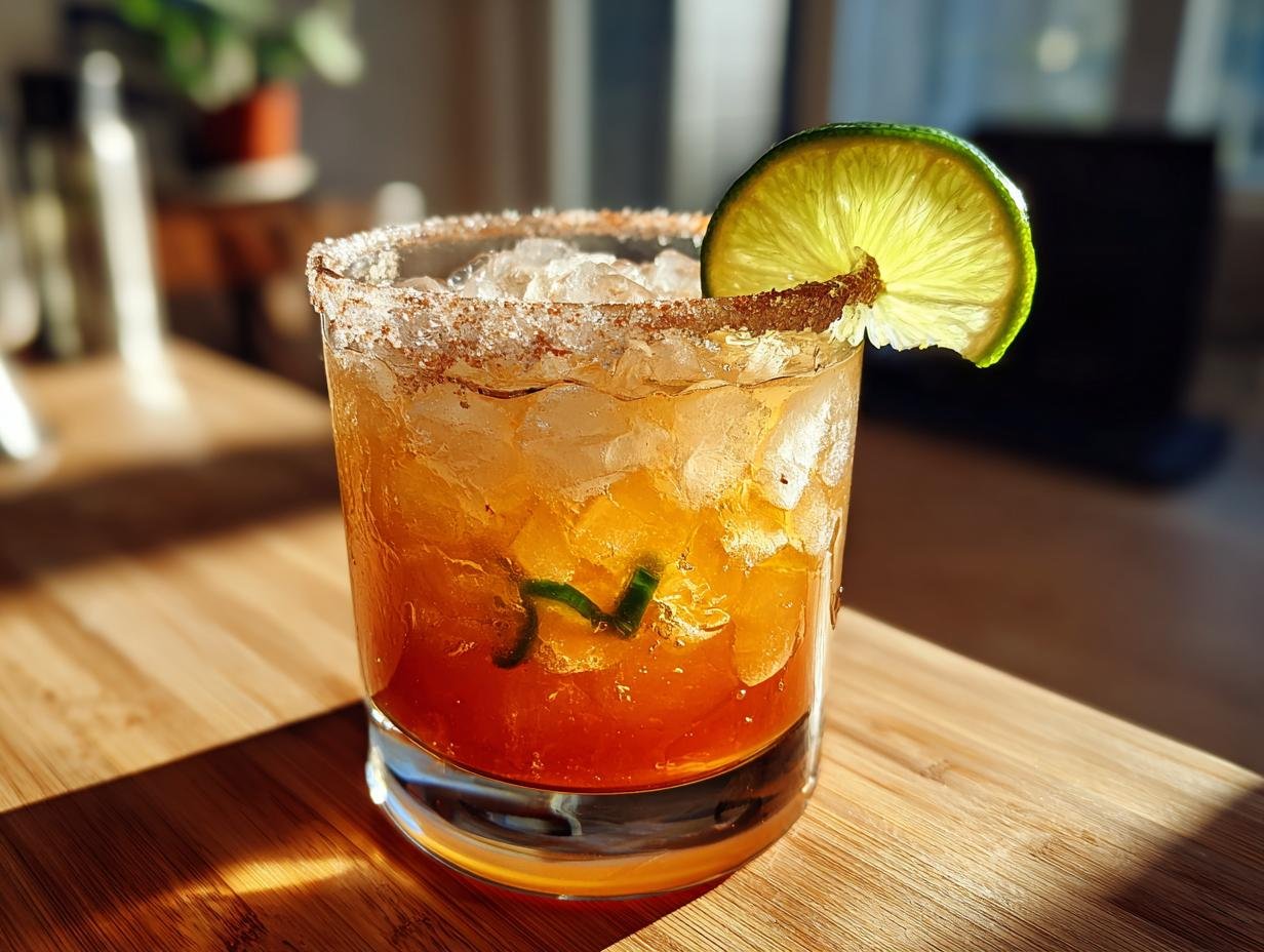 A refreshing Mezcal cocktail with ice, lime wedge, and chili slices, rimmed with salt and spice.