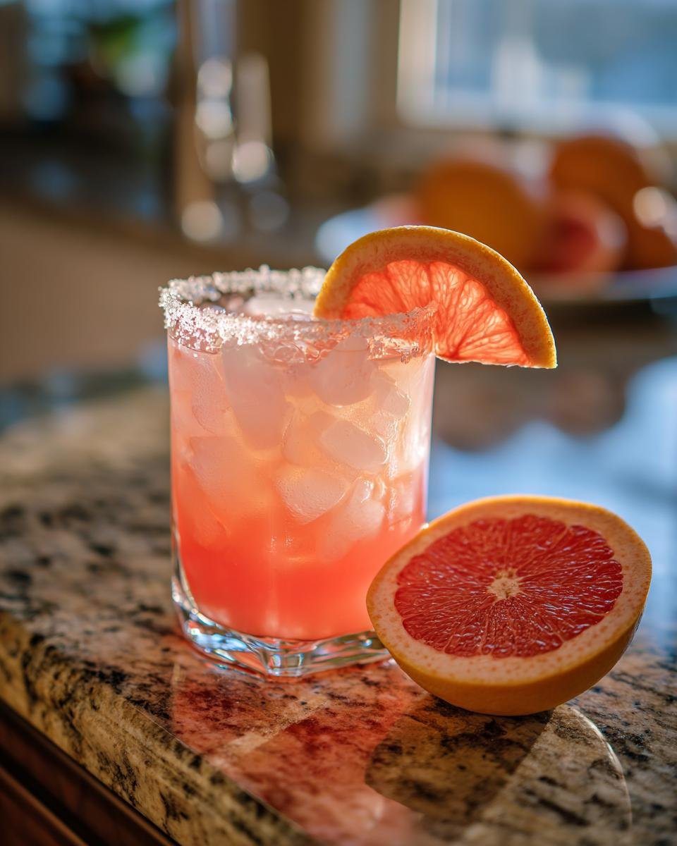 A refreshing Mezcal Paloma cocktail with ice, grapefruit slice garnish, and a salt rim, next to a halved grapefruit.