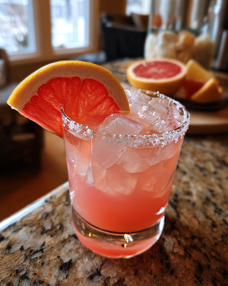A refreshing Mezcal Paloma cocktail with grapefruit, ice, and a salted rim, garnished with a grapefruit slice.