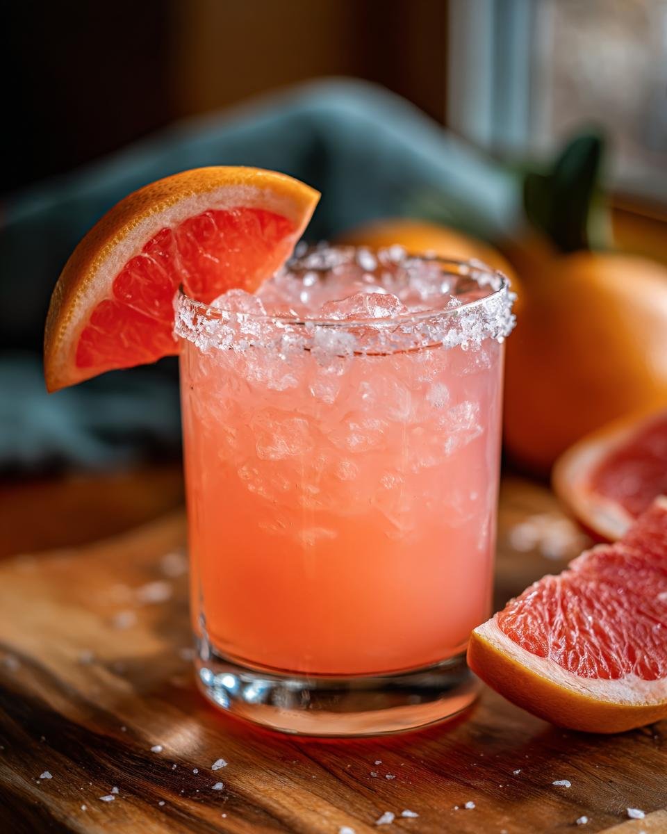 A refreshing Mezcal Paloma cocktail with a grapefruit wedge garnish and salted rim, served over ice.
