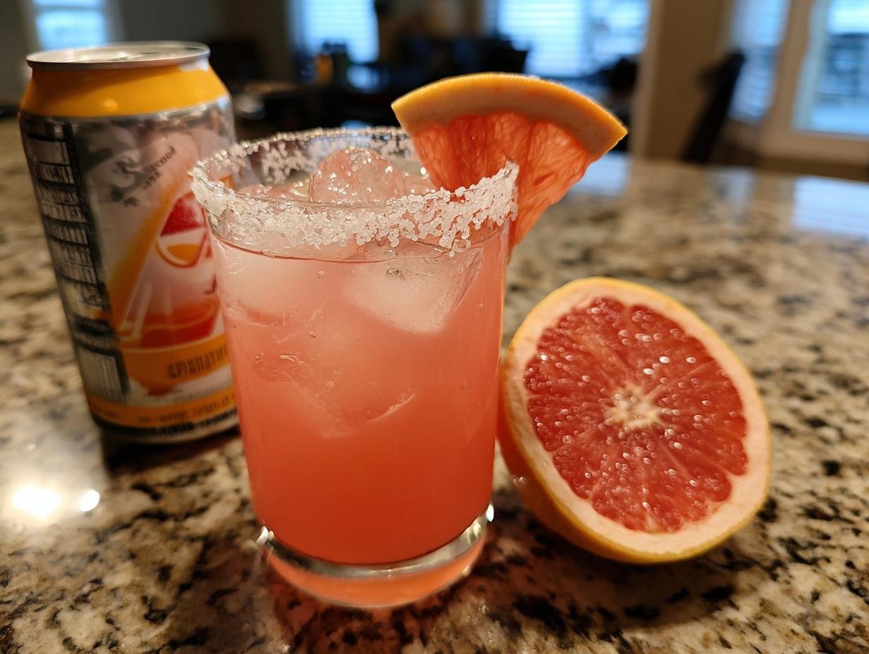 A refreshing Mezcal Paloma cocktail with grapefruit, ice, and a salted rim, next to a can and grapefruit half.