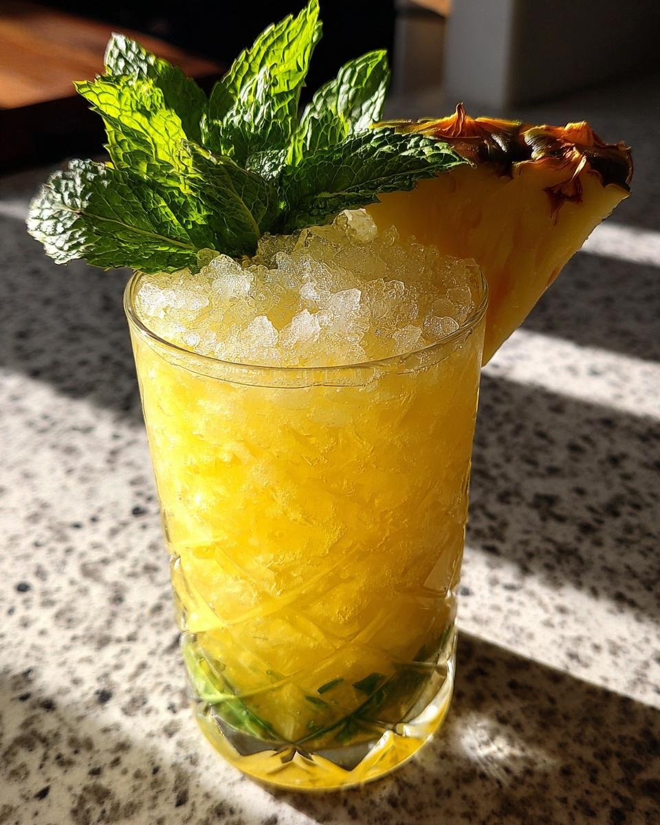 A refreshing Missionary's Downfall cocktail in a glass, filled with crushed ice, garnished with fresh mint and a pineapple wedge.