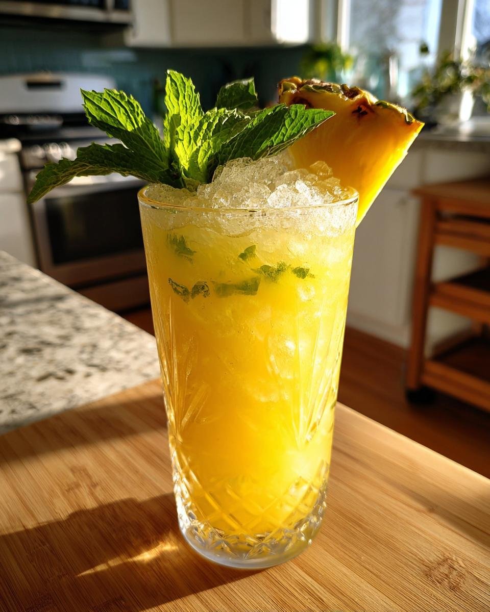 A refreshing Missionary's Downfall Cocktail Recipe in a tall glass, filled with crushed ice, mint, and a pineapple wedge garnish.