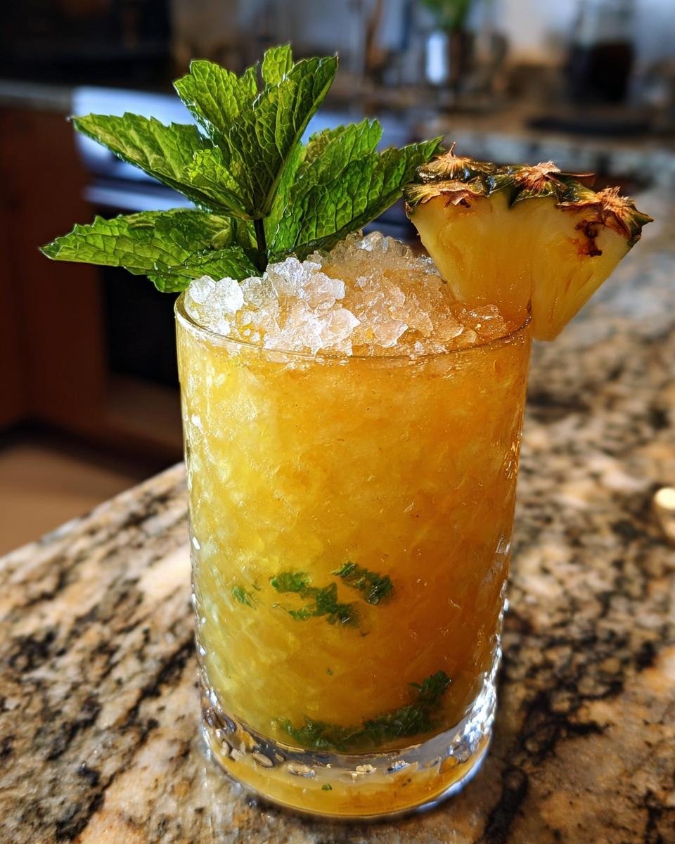 A refreshing Missionary's Downfall Cocktail, a vibrant yellow drink with crushed ice, garnished with fresh mint and a pineapple wedge.