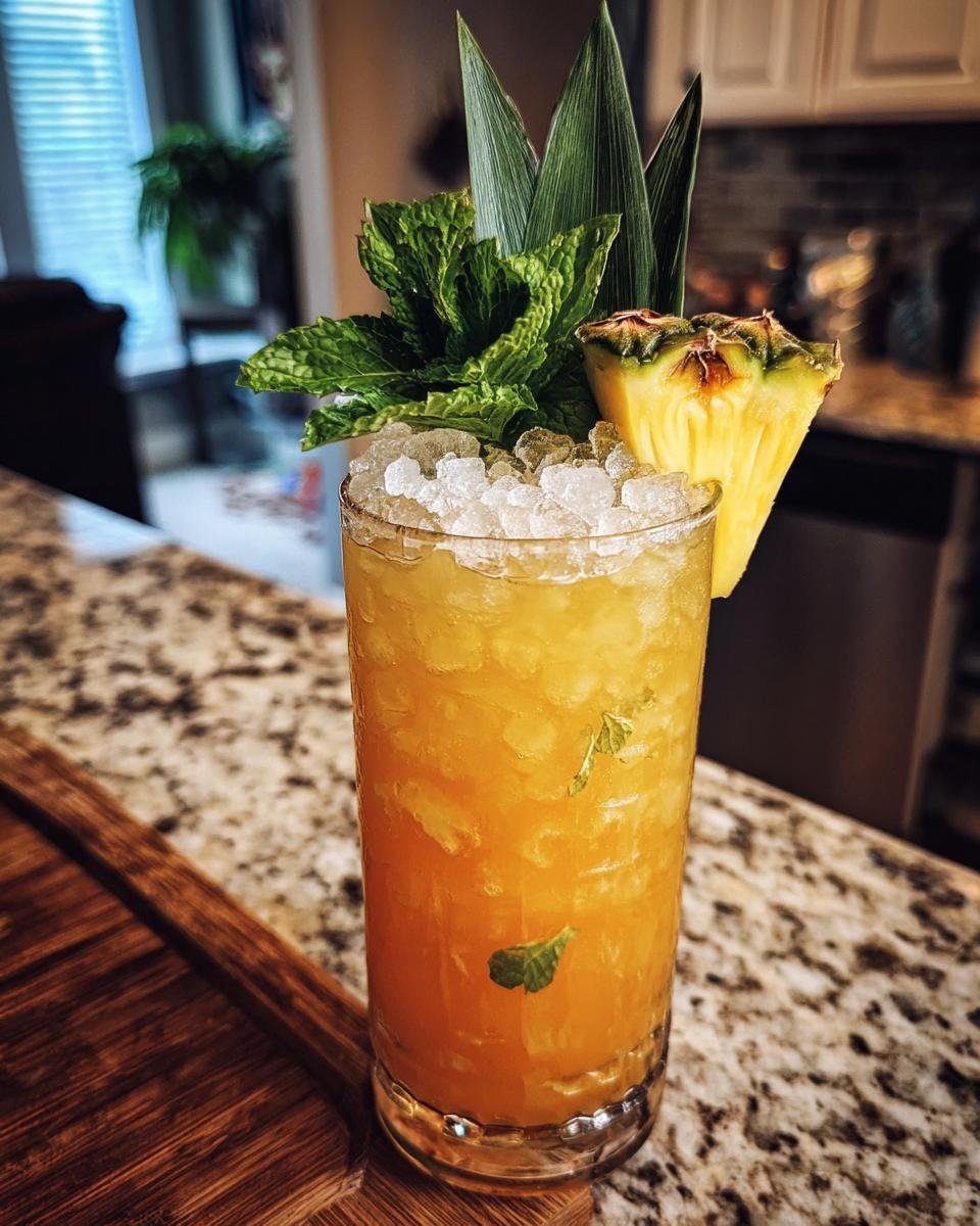 A tall glass filled with Missionary's Downfall Cocktail, crushed ice, mint, and a pineapple wedge.