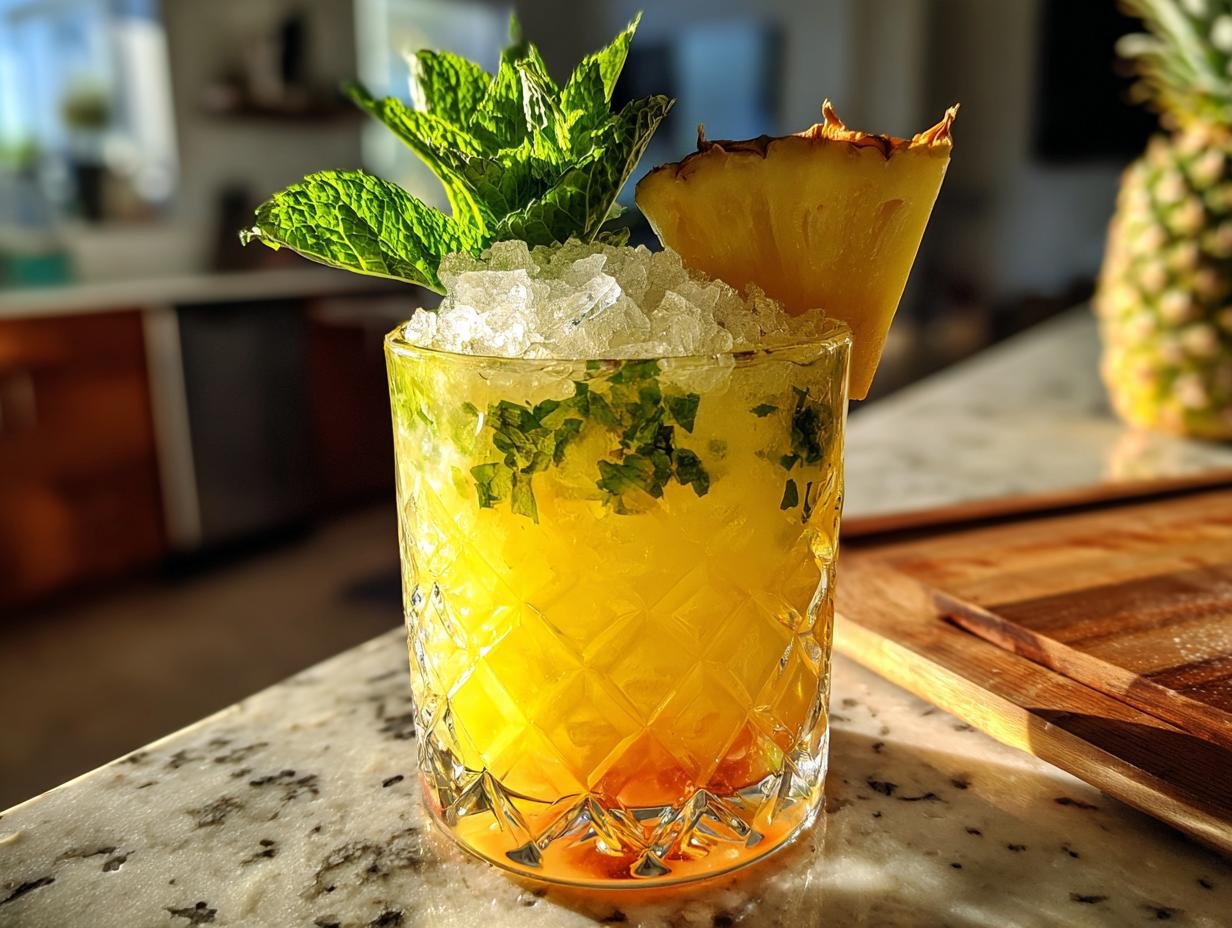 A vibrant Missionary's Downfall Cocktail with crushed ice, mint, and a pineapple wedge, garnished with fresh mint leaves.