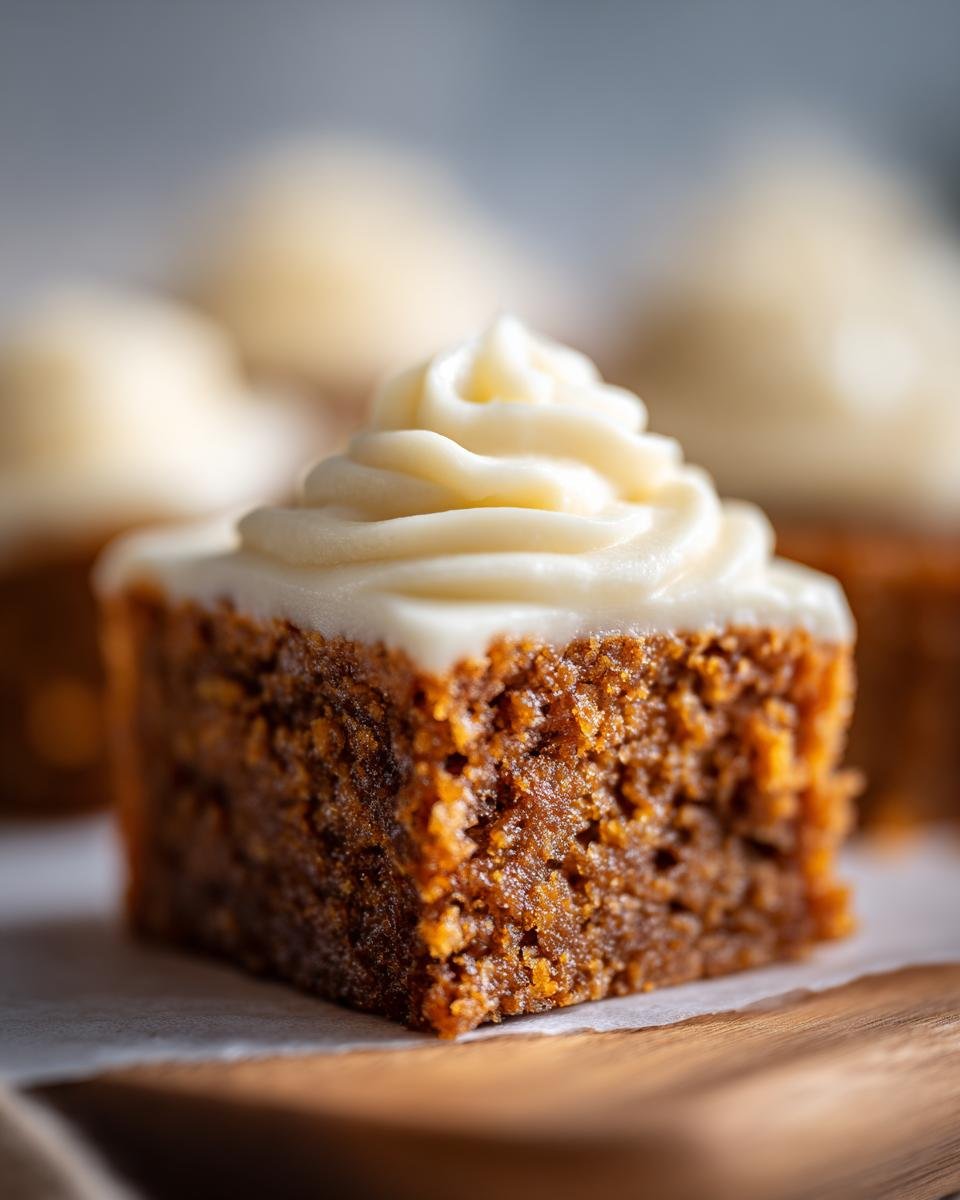 Close-up of an Irresistibly Moist Banana Bar with Cream Cheese Frosting, showing the texture of the bar and the swirl of frosting.