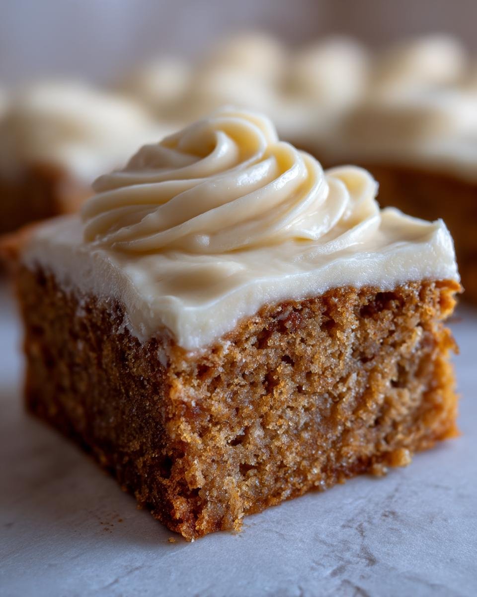 Close-up of a moist banana bar topped with swirled cream cheese frosting.