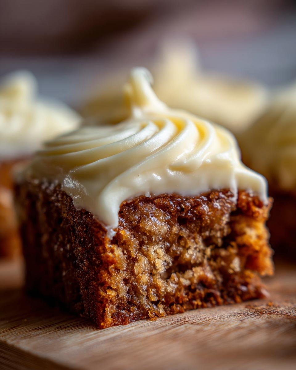 Close-up of an Irresistibly Moist Banana Bar with Cream Cheese Frosting, showing the texture of the bar and the swirl of frosting.