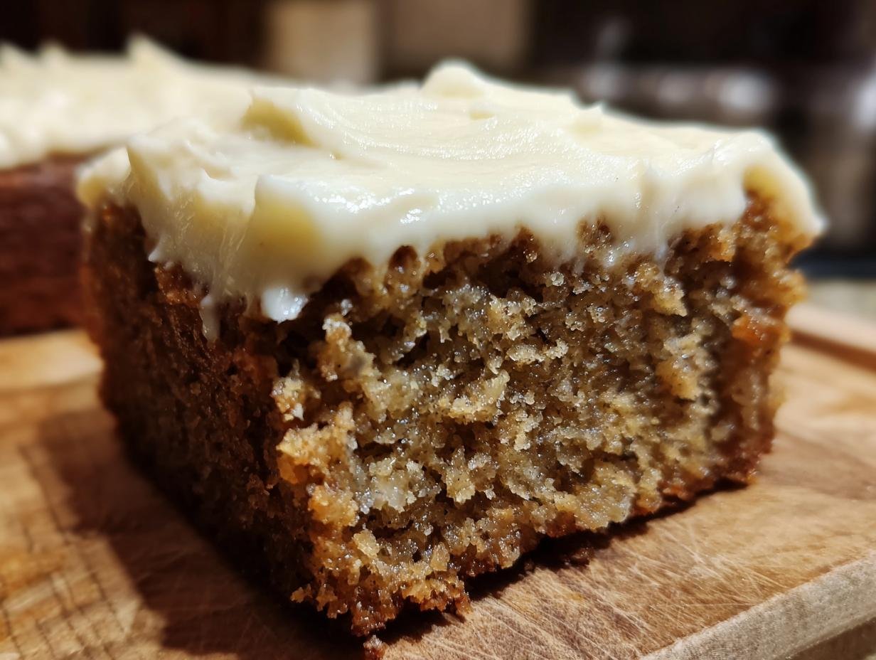 Close-up of a moist banana bar topped with creamy frosting, showcasing the texture of the cake.