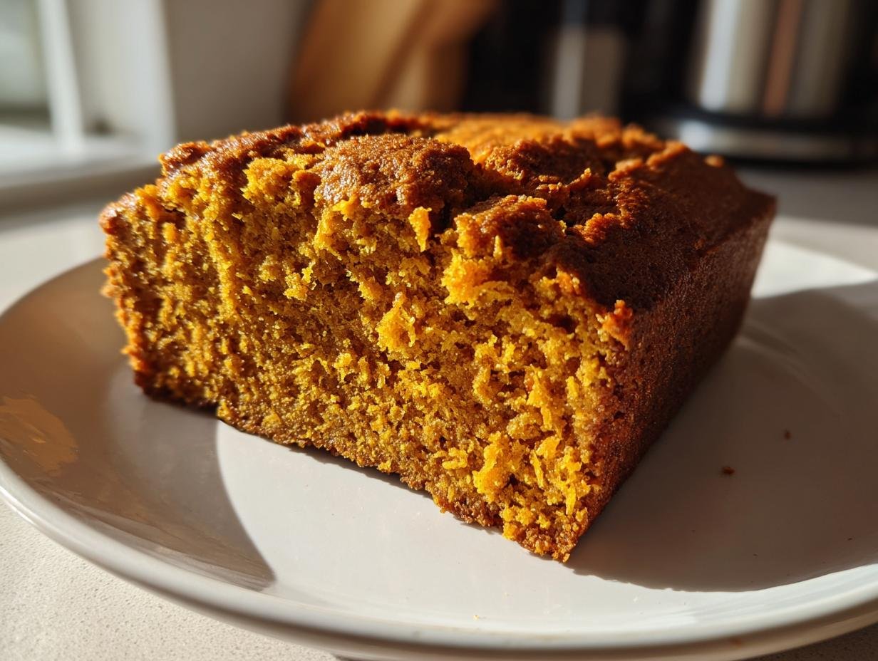 Close-up of a moist, orange slice of Pumpkin Chai Latte Bread on a white plate, bathed in sunlight.