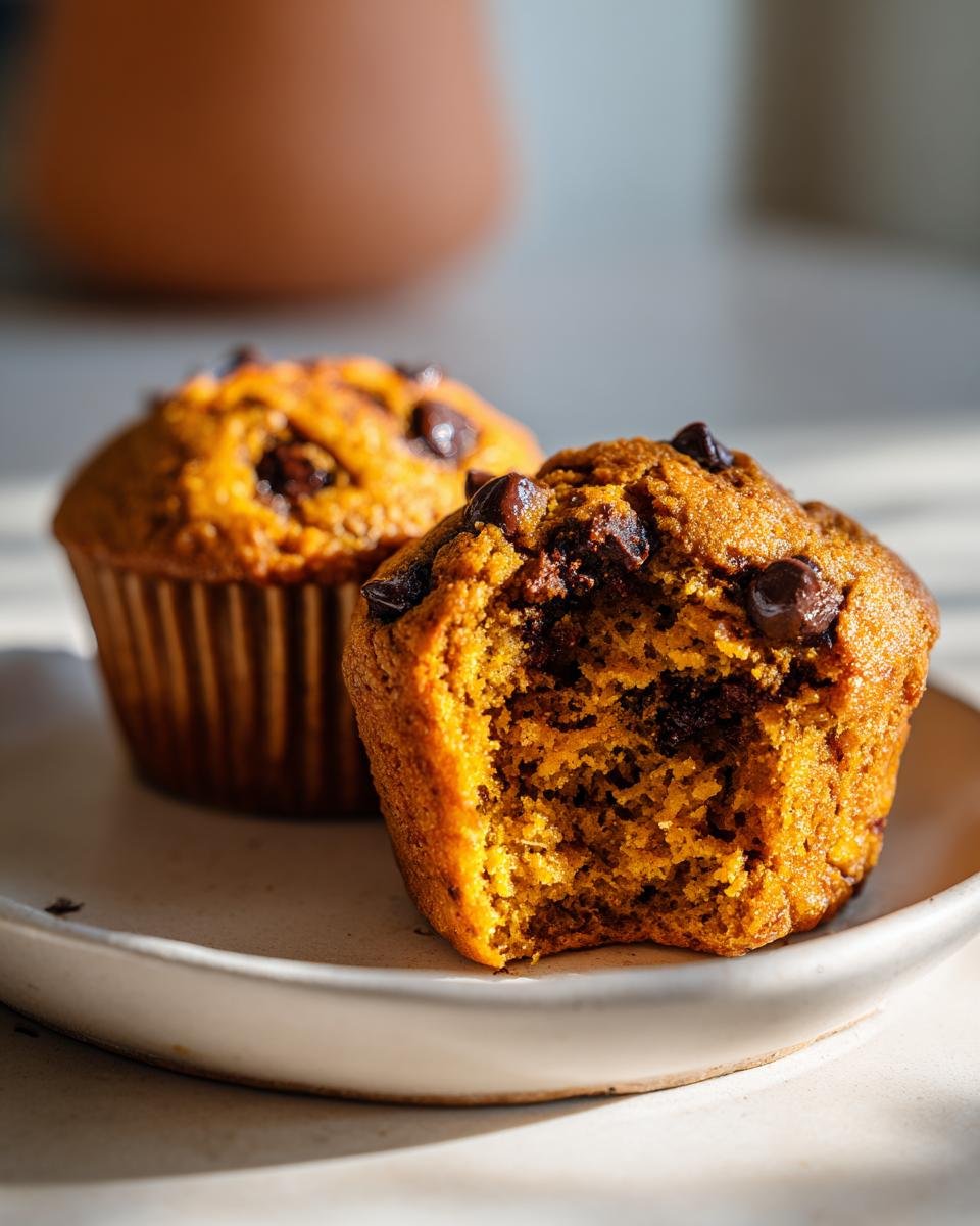 Close-up of a moist Pumpkin Spice Chocolate Chip Muffin with a bite taken out, revealing chocolate chips inside.