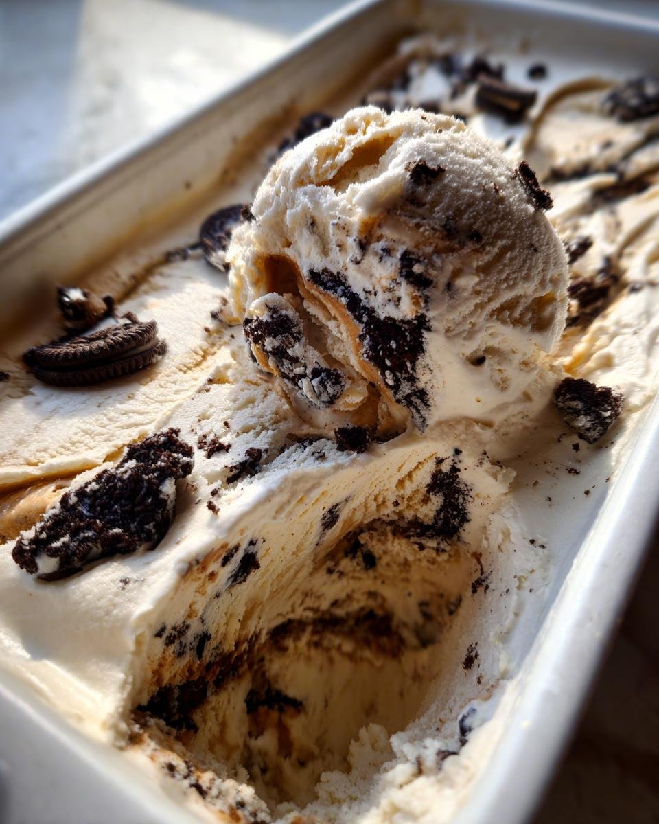 A scoop of No Churn Salted Caramel Oreo Ice Cream with visible cookie chunks in a white container.