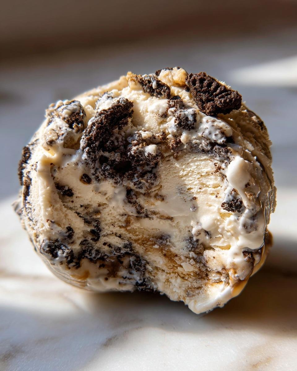 Close-up of a scoop of No Churn Salted Caramel Oreo Ice Cream with visible caramel swirls and cookie pieces.