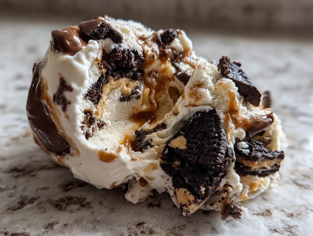 Close-up of a scoop of No Churn Salted Caramel Oreo Ice Cream loaded with cookie pieces and caramel swirls.