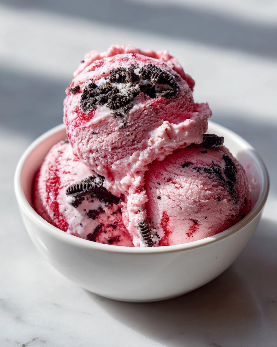 Three scoops of pink No Churn Strawberry Oreo Ice Cream studded with dark cookie pieces in a white bowl.
