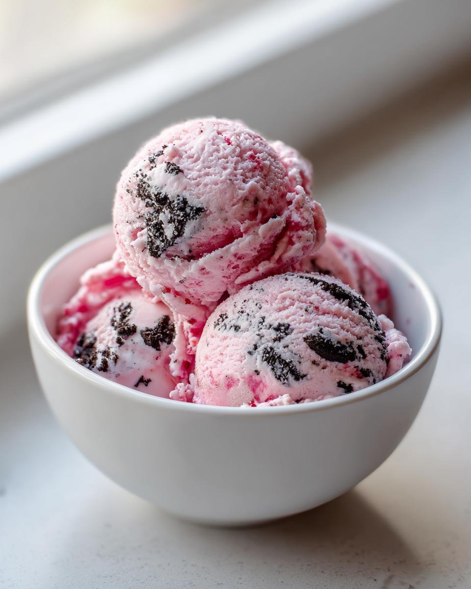 Three scoops of pink No Churn Strawberry Oreo Ice Cream loaded with dark cookie pieces, served in a white bowl.